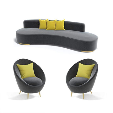 3 Pieces Gray Flannelette Upholstered Sofa Set of 2 Accent Chairs & 3-seater-Richsoul-Furniture,Living Room Furniture,Living Room Sets